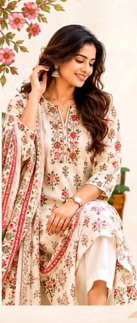 Cream cotton kurta with pink floral block print, worn with white pants