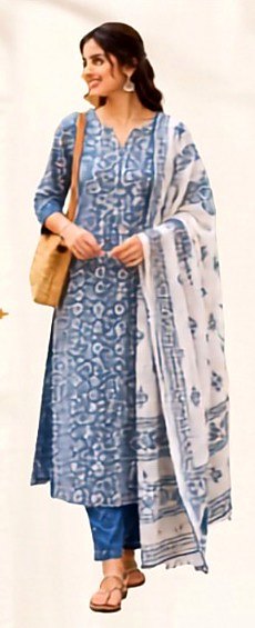 Indigo block-printed cotton kurta with a printed dupatta