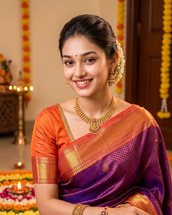 A woman in an orange and purple silk saree at a festive gathering