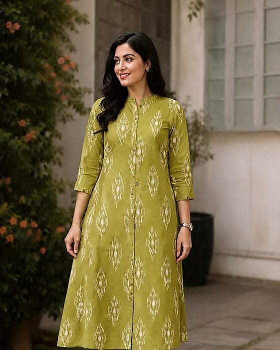 An olive green printed kurta and pant set for the office
