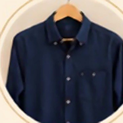 A navy shirt on a wooden hanger